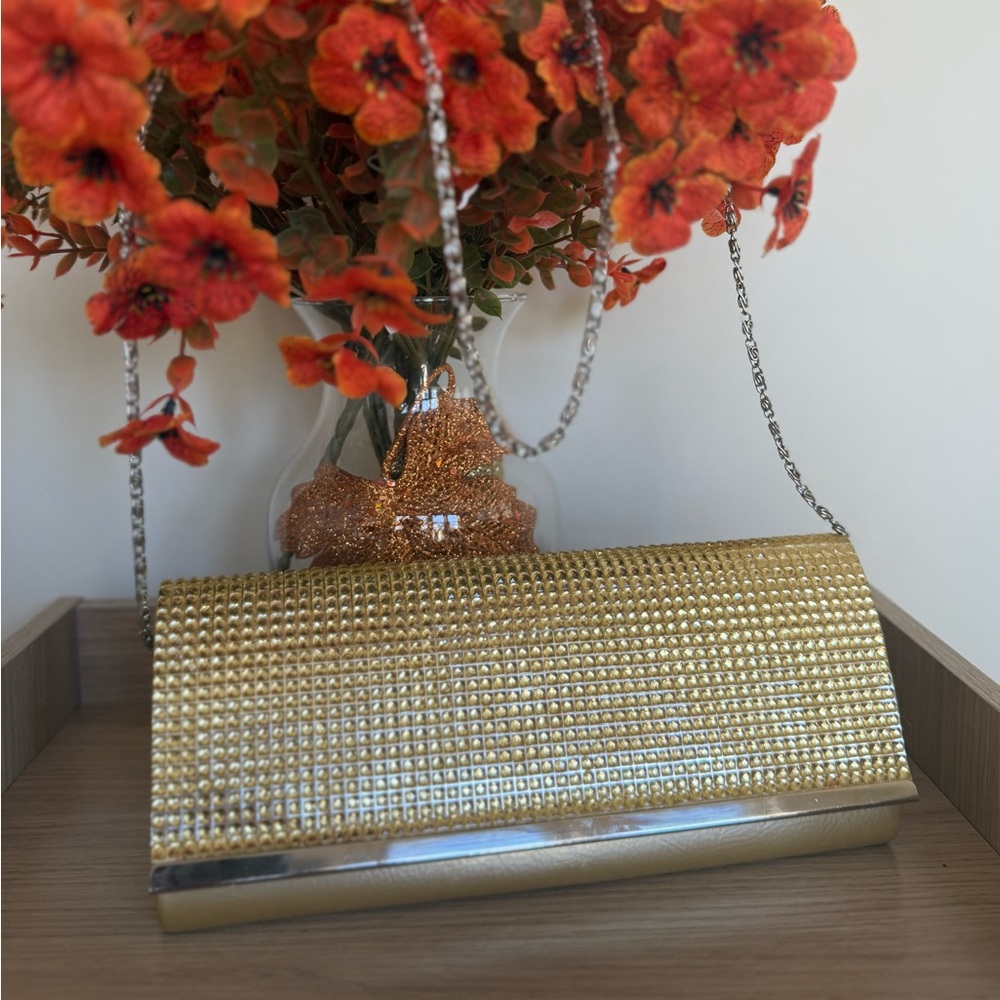 Gold Rhinestone Evening Clutch with Chain Strap